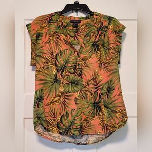 Rachel Zoe Womens Short Sleeve Linen Blend Top Sz XS Pink Green Tropical Floral